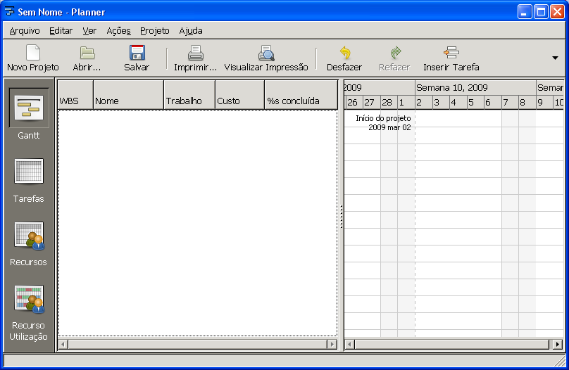 A Figura 5.3 abaixo apresenta a tela principal do Planner. Figura 5.3 Tela principal do Project Os três softwares apresentam uma interface bem parecida, mostrando o gráfico de Gantt ao lado direito e algumas colunas ao lado esquerdo.