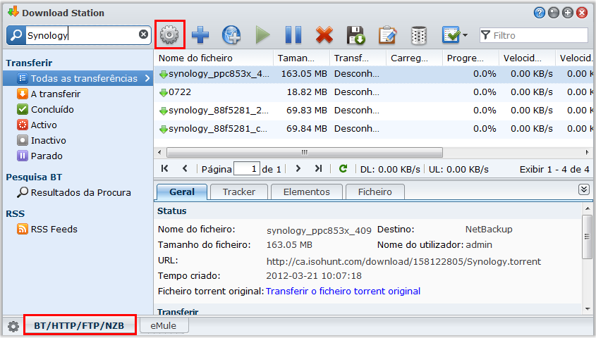 Introduza o seguinte endereço de Internet na barra de endereços do seu navegador: http://synology_server_ip_address/download/ Guia do Utilizador da Synology DiskStation Para activar as transferências