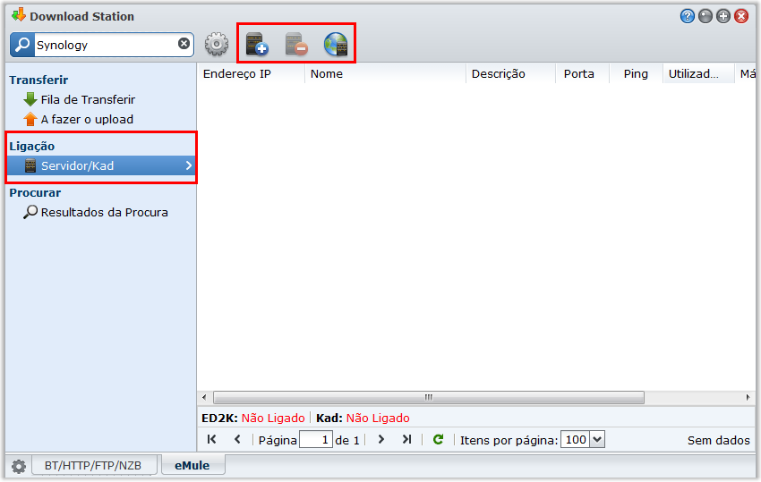 Ligar a Servidor/Kad ED2K Clique em Servidor/Kad no painel esquerdo para configurar o Servidor/Kad. Um servidor ED2K contém informação acerca dos recursos da rede ED2K.