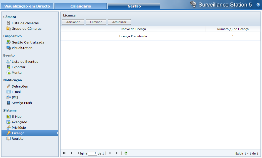 Acerca da Licença de Câmara Aceda a Sistema > Licença em Gestão para gerir a licença de câmara. Com a Licença Predefinida, a sua DiskStation pode gerir uma câmara dentro da LAN.