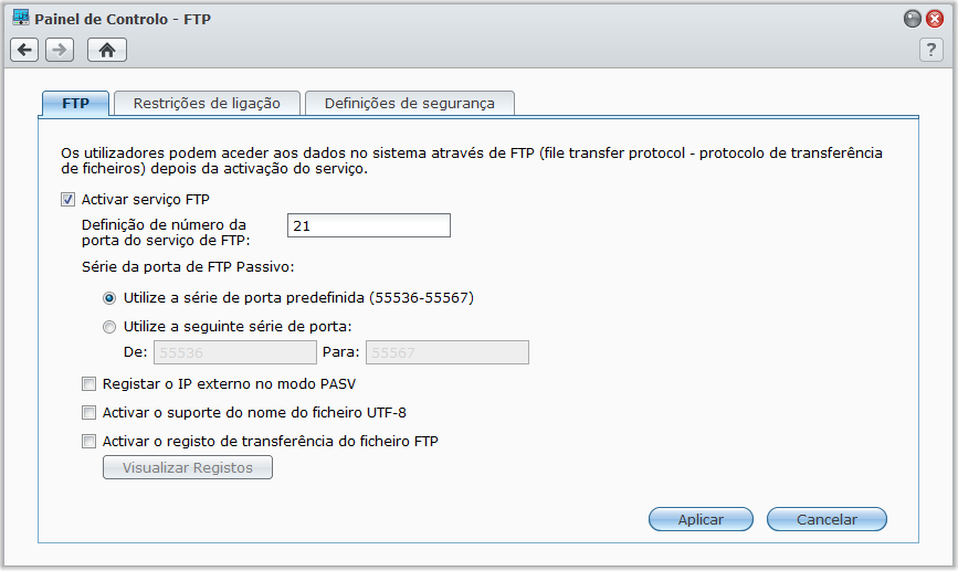 Aceder aos Ficheiros através de FTP Guia do Utilizador da Synology DiskStation Se a sua Synology DiskStation estiver acessível através da Internet, pode utilizar uma aplicação FTP para aceder às