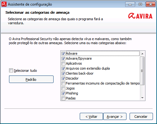 Instalação e desinstalação Um número de categorias de ameaças já é pré-selecionado por padrão.
