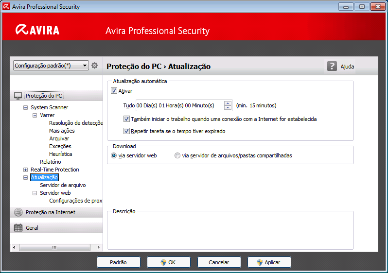 Visão geral do Avira Professional Security A Configuração abre uma caixa de diálogo: Você pode salvar suas definições de configuração por meio dos botões OK ou Aplicar, excluir suas configurações