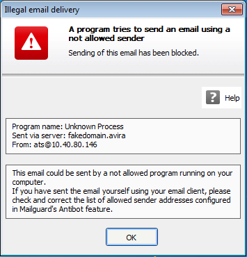 Detecção configuração em Mail Protection > Verificar > AntiBot. O email bloqueado é exibido em uma caixa de diálogo. 5.10.