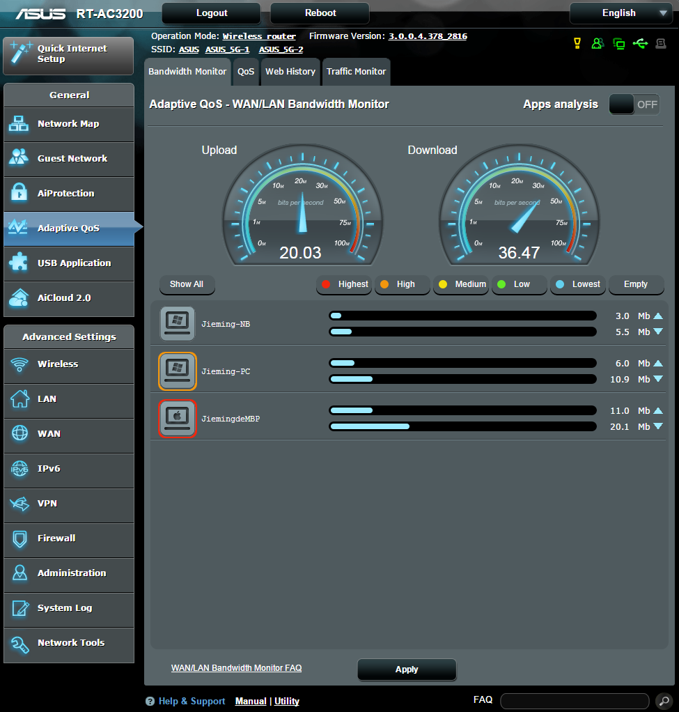 3.4 QoS Adaptativo 3.4.1 Monitor de largura de banda Esta funcionalidade permite-lhe monitorizar a largura de banda da WAN/LAN e exibe as velocidades de envio e transferência da sua ligação.