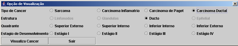 69 Através de um menu, o usuário tem acesso a um formulário de opções através do qual pode selecionar qualquer dessas variáveis e visualizar o desenvolvimento do câncer.