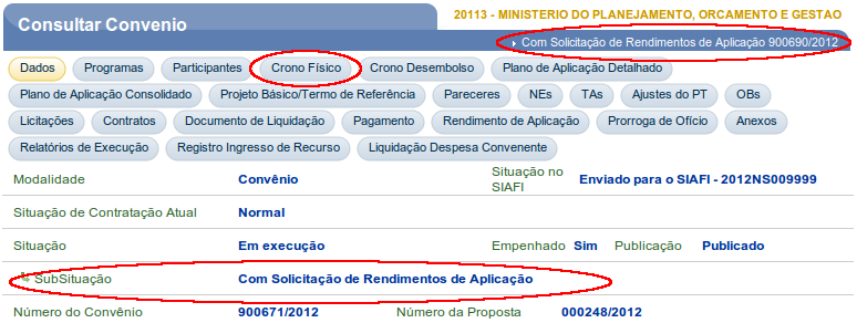 No exemplo, o Convênio está com a Situação de Em Execução e com a SubSituação de Com Solicitação de Rendimentos de Aplicação 900690/2012, demonstrando que as abas do plano de trabalho estão abertas