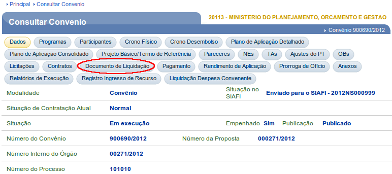 Figura 40 No exemplo, o Convênio está na situação de Em Execução e apto a incluir o Documento de Liquidação (DL).