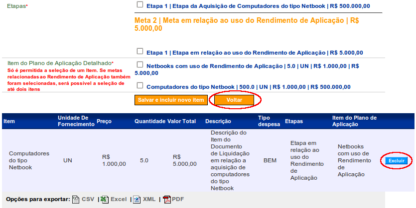 O sistema exibirá tela com o registro incluído, com a possibilidade de exclusão, caso necessário. Após a inclusão de todos os itens,o usuário deverá clicar em Voltar, conforme Figura 46.