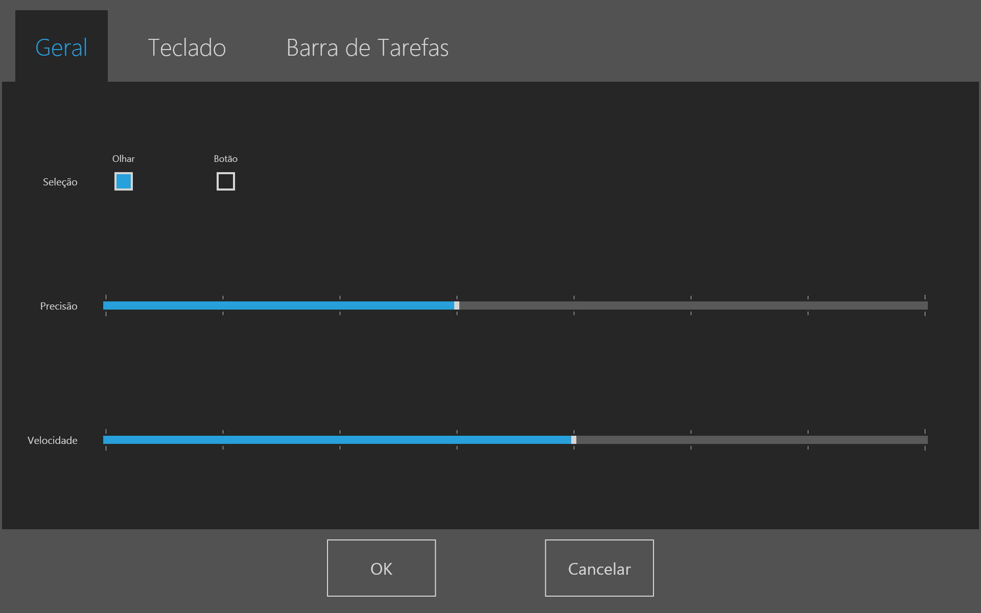 3 Configurações do Gaze Selection A Caixa de diálogo Configurações do Gaze Selection é controlada pelo Gaze Interaction, e o usuário pode fazer todas as alteraçõessemusarum tecladoe/ouum mouse. 3.