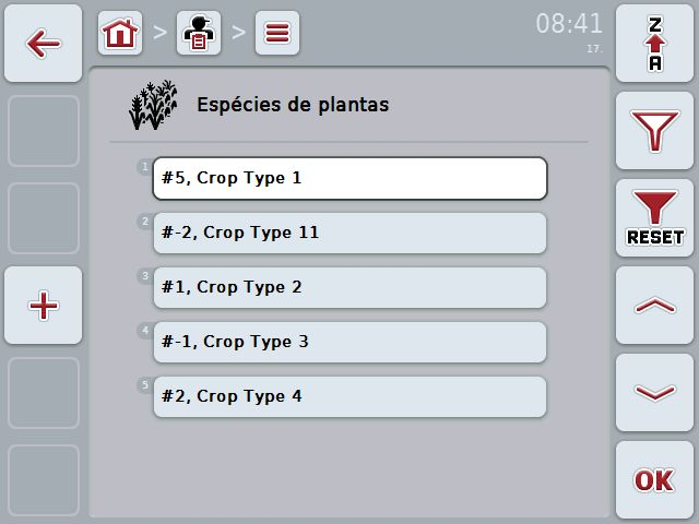 4.2.14 Espécies de plantas No item de menu Espécies de plantas irá encontrar uma lista das espécies de plantas memorizadas.