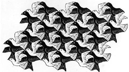 Figura 30: Calçadão de Copacabana & Escher, M. C., Divisão regular do plano com pássaros, 1949, Gravura em madeira.