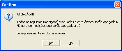 150 Quando uma dada árvore for excluída e caso exista medições que dependam desta árvore, aparecerá uma mensagem alertando para o fato de que todas as medições desta árvore serão excluídas também,