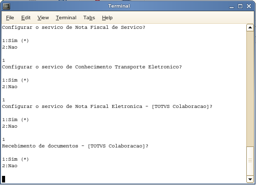 11. Neste momento é definido se o JOB da Nota Fiscal Eletrônica [Totvs Colaboração] deve subir no momento em que o TSS for iniciado. Informe 1- Sim ou 2 Não. 12.