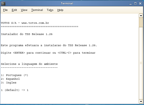 3. O próximo passo será a configuração do idioma de instalação. Digite 1 para informar a opção Português e digite <ENTER> para configurar o próximo passo.