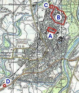 145 Figura 38: A esquerda - Mapa do campo - Setor A: Acampamento dos guardas, setor B: campo de prisioneiros, setor C: estação de trem, setor D: Cemitério dos prisioneiros de guerra.
