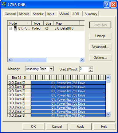 Capítulo 4 Configuração da E/S 21. Clique em AutoMap para mapear a imagem de entrada do inversor para o scanner 1756-DNB, conforme indicado abaixo, na caixa de diálogo de exemplo.