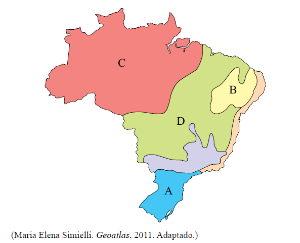 Questão 44 Leia a descrição de quatro grandes tipos climáticos do Brasil e, em seguida, examine o mapa, que representa a divisão regional do país em grandes tipos climáticos. 1.