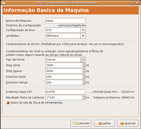 Figura 3.34: Terceira tela do EMC2 Stepconf Wizard. Na Figura 3.34, a primeira lacuna é a identificação da máquina. Simplesmente um nome. Posteriormente, escolhem-se quantos eixos a maquina possui.