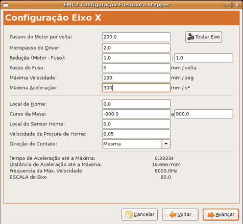 projeto da fresadora CNC didática. Outros botões desta tela fazem parte de configuração de drives já conhecidos pelo EMC2, o que não é o caso do projeto.