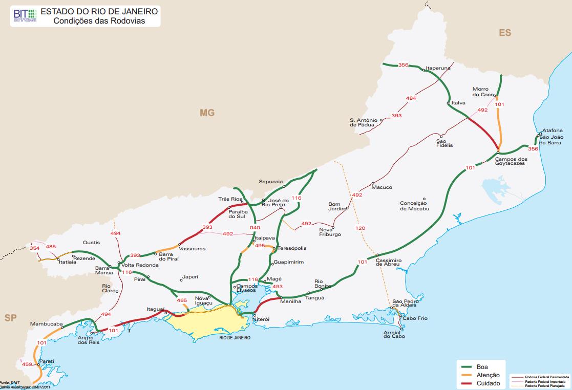 Figura 5 Condição da rede rodoviária do Estado do Rio de Janeiro Fonte: Ministério dos Transportes Transportes Ferroviários A rede ferroviária no Brasil não é muito extensa, dado que durante o século