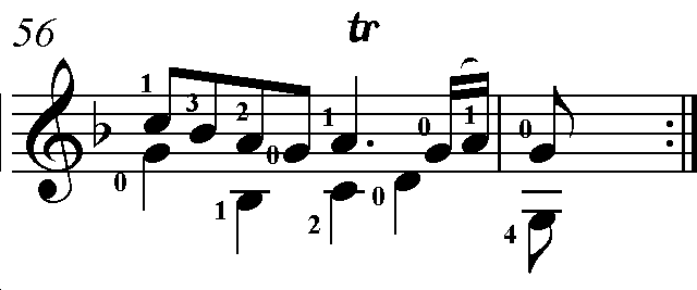 98 Sua execução ao violão, representado na Figura 122, utiliza duas cordas do violão, tocando as notas com os dedos indicador e médio da mão direita.