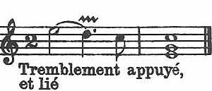 principal, em seguida toca-se o trino; finalmente repousa-se um pouco na nota principal. (DANNREUTHER, 1893, p. 104). Figura 28 Tremblement appuyé et lié (COUPERIN, 1933, p.