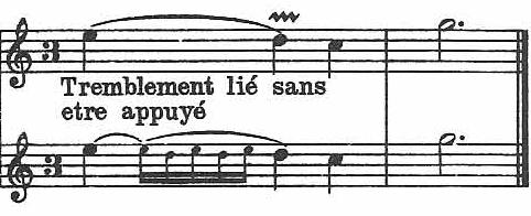 51 2.8Tremblement lié sans etre appuyé François Couperin representa em sua tabela de ornamentação o efeito do Tremblement lié sans etre appuyé, exemplificado na FIGURA 32, retirada da tabela de