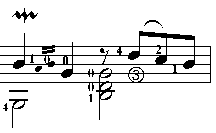 79 Figura 80 Pincé simple executado ao violão No quarto compasso da música há a ocorrência de um mordente duplo, representado aqui na Figura 81. Figura 81 Mordente duplo presente no compasso 4.