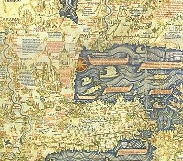 27 povoada a causa da Europa, Jerusalém está também longitudinalmente no centro, si se olha no espaço vazio sem a densidade populacional. 41 Figura 6 e 7 - Detalhe do mapa-múndi de Fra Mauro (esq.