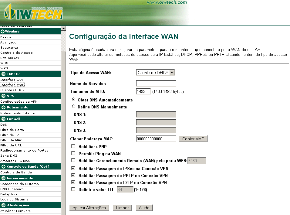 4.3.2 Interface WAN Essa página é usada para configurar os parâmetros da sua conexão a internet na porta WAN. Aqui você pode mudar o método de acesso para IP Estático, DHCP, PPPoE ou PPTP.