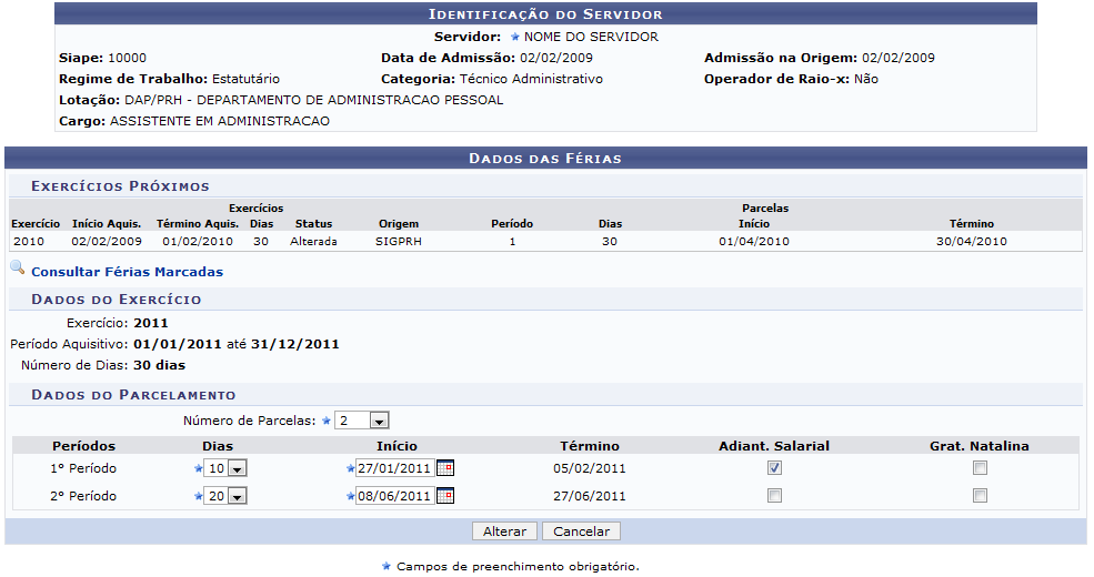 Figura 4: Identificacao do Servidor O usuário poderá alterar o Numero de Parcelas das férias, a quantidade de Dias, a data de Inicio, que se for alterada, automaticamente irá gerar a data de Termino
