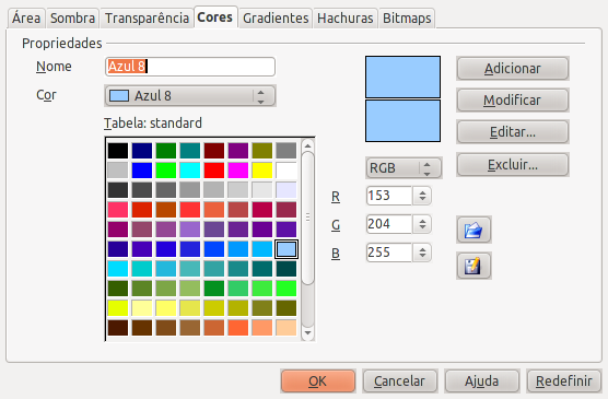 Figura 108: Alterando a paleta de cores Clique no botão Editar para abrir a caixa de diálogo Cores, onde é possível ajustar as cores individualmente.