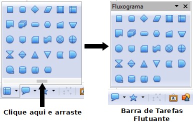 As barras de ferramentas destacadas podem ser colocadas flutuando ou encaixadas nas bordas da tela, em uma das áreas de ferramentas existentes.