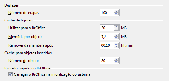 Opções de Memória Na caixa de diálogo Opções, clique em LibreOffice Memória. Essas opções controlam como o LibreOffice utiliza a memória do seu computador, e quanta memória é necessária.