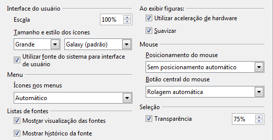 Figura 23: Escolhendo as opções de exibição do LibreOffice Interface do Usuário Escala Se o texto dos arquivos de ajuda ou dos menus do LibreOffice aparecerem muito grandes, ou muito pequenos, você