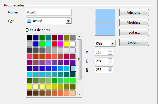 Figura 27: Definindo as cores utilizadas na paleta de cores do LibreOffice Para alterar uma cor: 1) Selecione a cor na lista ou na tabela de cores. 2) Entre o novo valor que define a cor.
