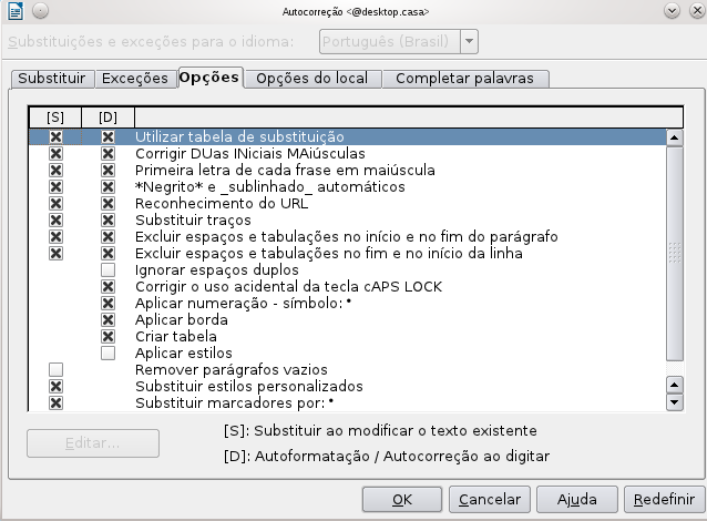 Figura 46: Caixa de diálogo da Correção Automática no Writer,
