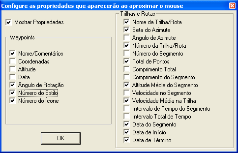 9.4 Configurando os Dados Mostrados pelo Mouse Com o botão Detecção de Elementos pressionado, toda vez que a seta do mouse se aproxima de um Waypoint, de uma Trilha ou de uma Rota, aparecerá uma