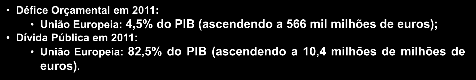Défices e Dívidas 2011 Europa - Déficit das Finanças Públicas e Dívida Pública (EUROSTAT 2011) Défice Orçamental em 2011: União Europeia: 4,5% do