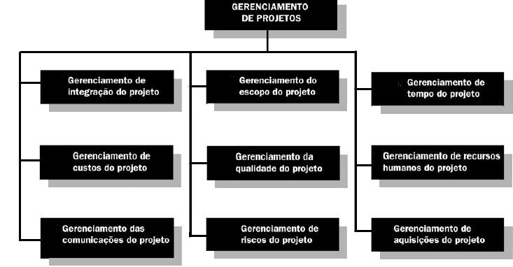 20 Figura 4 - Áreas de Conhecimento em Gerenciamento de Projetos Fonte: PMBOK, 2009 (Adaptado) Cada área de conhecimento, por sua vez, é desdobrada em subitens de aplicação, necessários ao