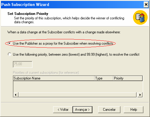 4.4.6 - Prioridade da assinatura para resolução de conflitos Para resolução de conflitos ocorridos durante a sincronização entre as bases de dados, pode-se associar prioridades para as assinaturas