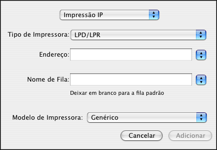 MAC OS X 25 PARA ADICIONAR UMA IMPRESSORA COM A CONEXÃO LPD/LPR 1 Selecione Impressão IP na lista. 2 Selecione LPD/LPR na lista Tipo de impressora. 3 Digite o endereço IP do E100 no campo Endereço.