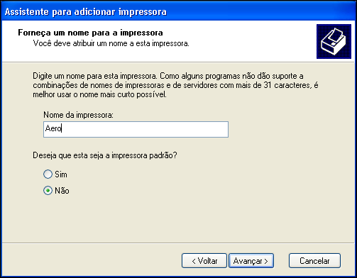 WINDOWS 39 14 Digite um nome para o E100 no campo Nome da impressora, indique se deseja torná-la a impressora padrão e clique em Avançar.