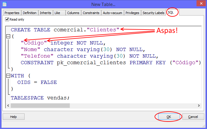 PostgreSQL Primeiros Passos no Microsoft Windows Márcio A. Siena Página 18 de 25 4.4.10. De volta ao diálogo New Table..., temos: 4.4.11. Clique na guia SQL.