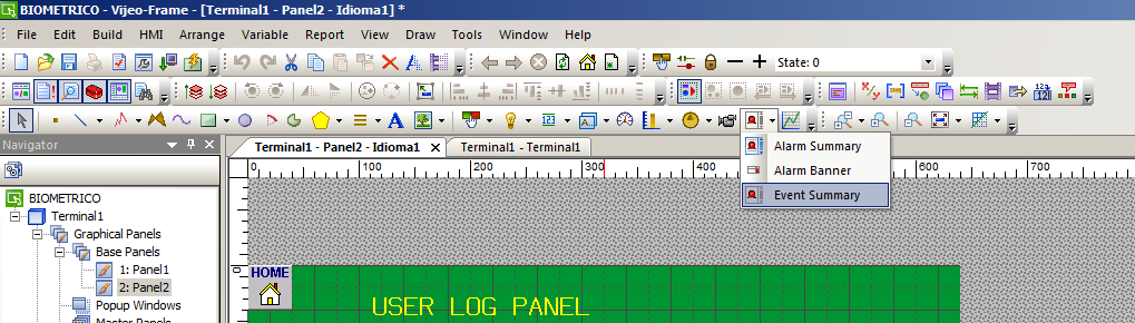 Configuração de visualização do LOG No Vijeo Designer, selecione o painel desejado e na barra de ferramentas,