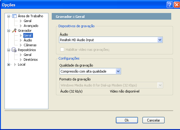 Gravador / Geral Menu: Ferramentas / Configurações / Gravador Dispositivos de gravação Você pode configurar o dispositivo de gravação de áudio escolhendo-o na lista.