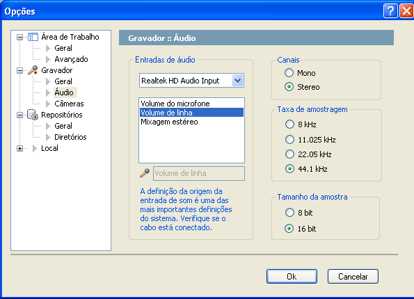 Gravador / Áudio Menu: Ferramentas / Configurações / Gravador Entradas de áudio Você pode escolher na lista qual a fonte de áudio a ser usada nas gravações, bem como o dispositivo a ser usado.