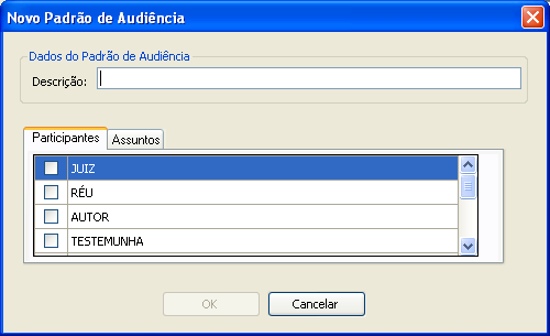 Padrões de Audiência Menu: Módulos / Cadastros Gerais Nesta área é possível cadastrar, editar e excluir Padrões de Audiências, que nada mais são do que os tipos de Audiências que a vara