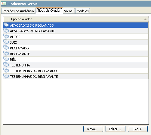 Tipos de Orador Menu: Módulos / Cadastros Gerais Nesta área cadastram-se os tipos de oradores usados para